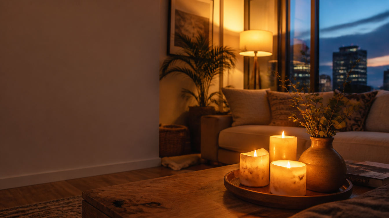 Lit candles on a coffee table in a warm living room